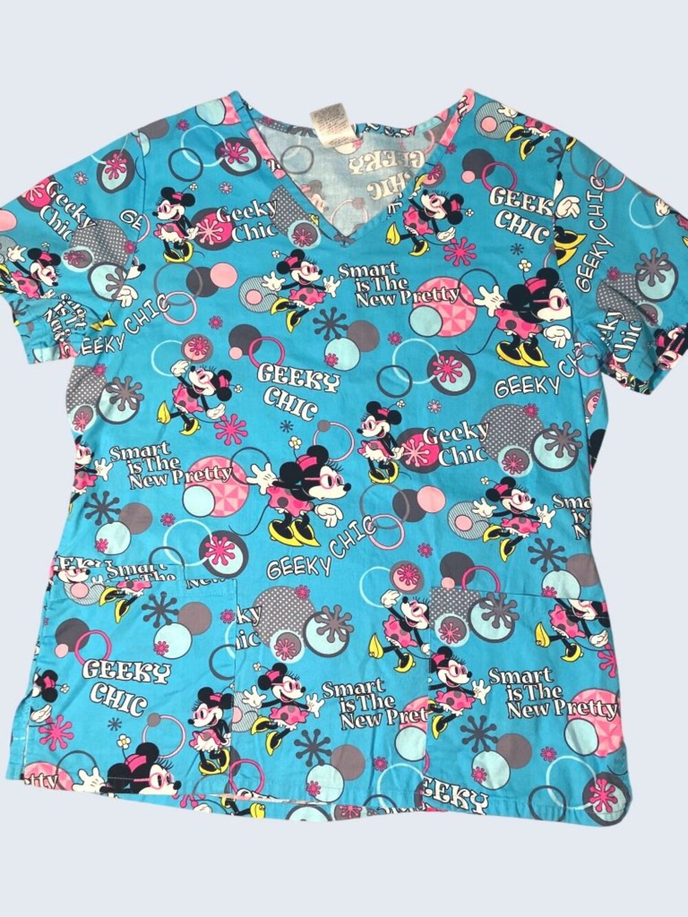 Disney Minnie Mouse  V-Neck Scrub Top 100% Cotton Blue Size Small